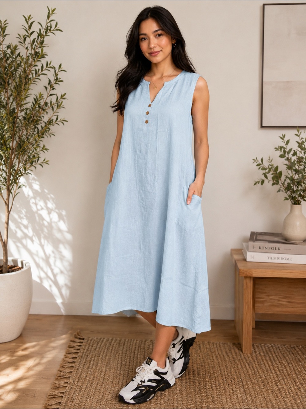 Sleeveless Light Blue Midi Dress with Button Detail- Size XL